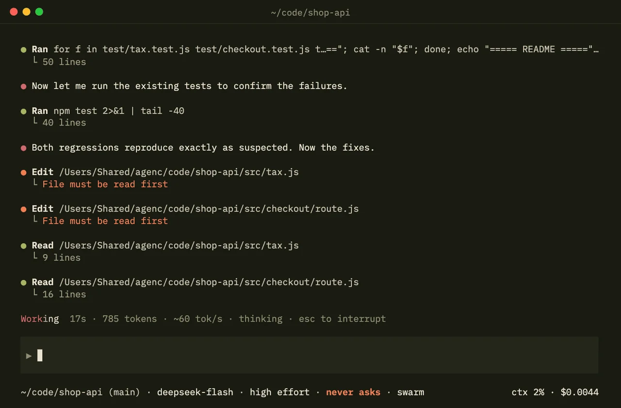 Author-published AgenC terminal demonstration showing test execution and read-before-edit checks in a checkout service.