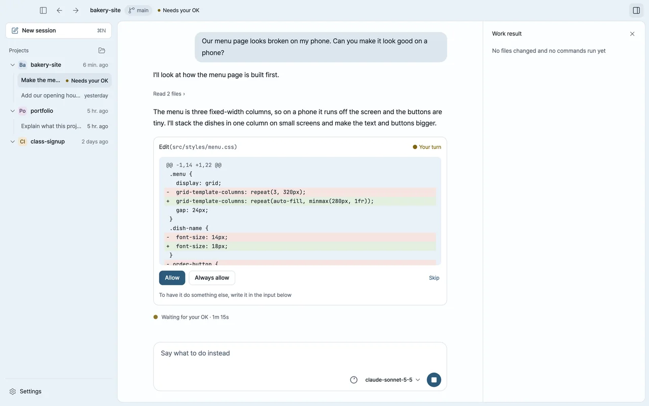 AlpineCode's author-published desktop screenshot showing a proposed stylesheet change waiting for Allow, Always allow or Skip.