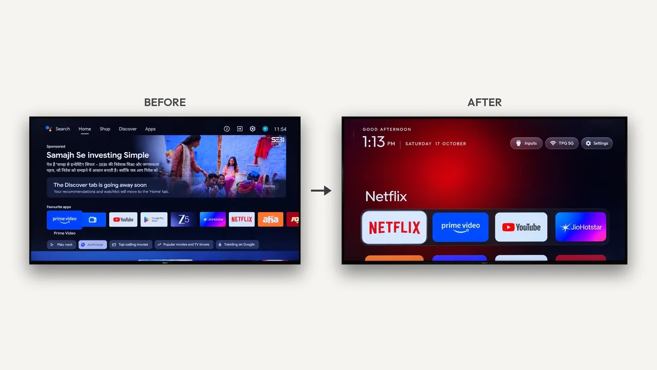 CleanYourTV author's side-by-side television images show the stock sponsored home screen and a replacement launcher with an app dock.