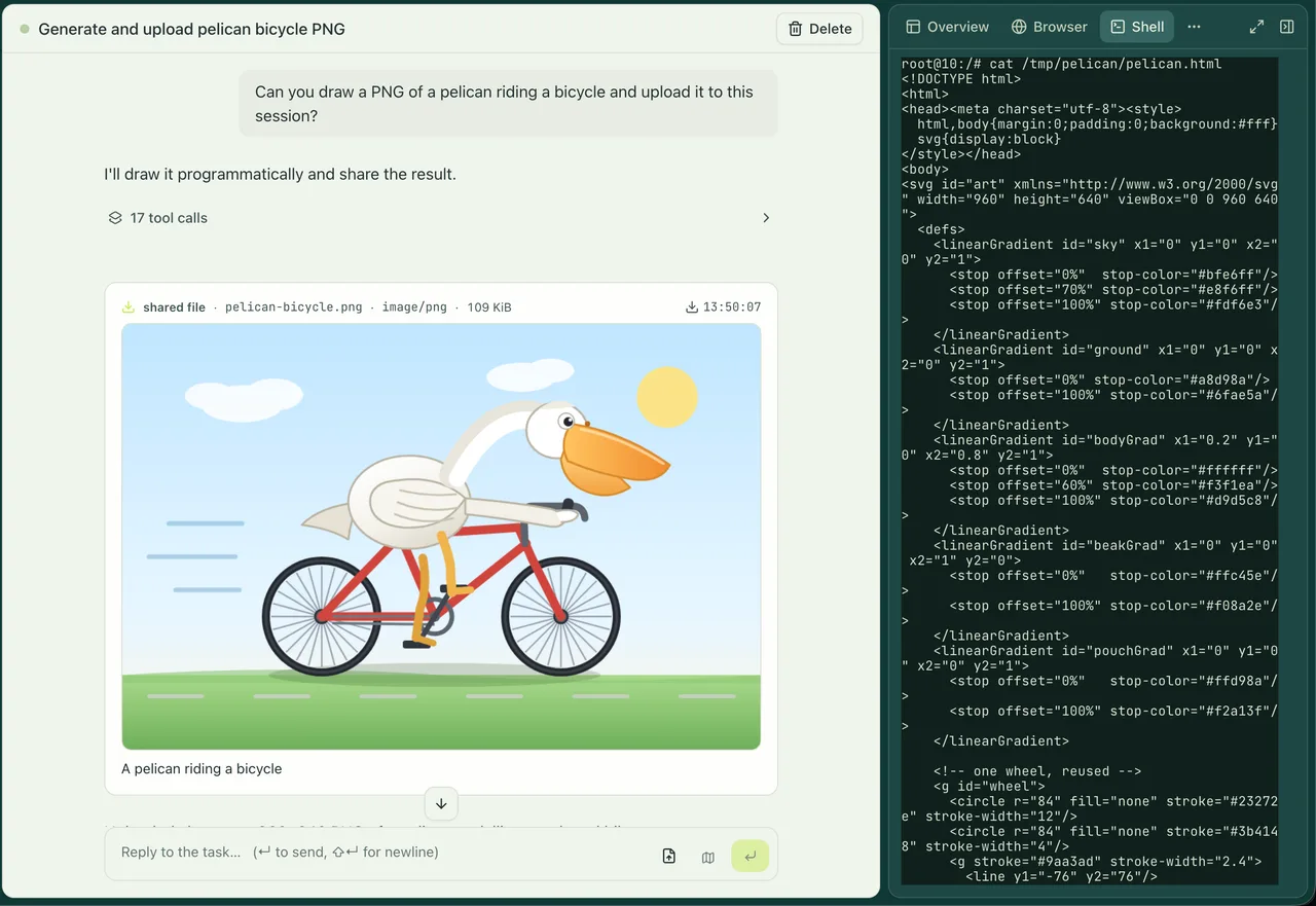 engrams dashboard shows an agent conversation, a shared generated picture and a shell pane with the program used to produce it.