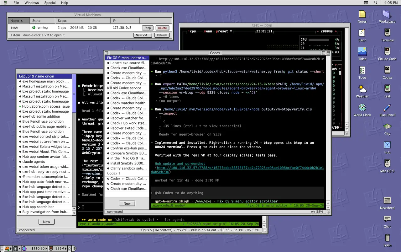 Author-published exe browser desktop showing Claude Code and Codex terminal windows beside a virtual-machine list.