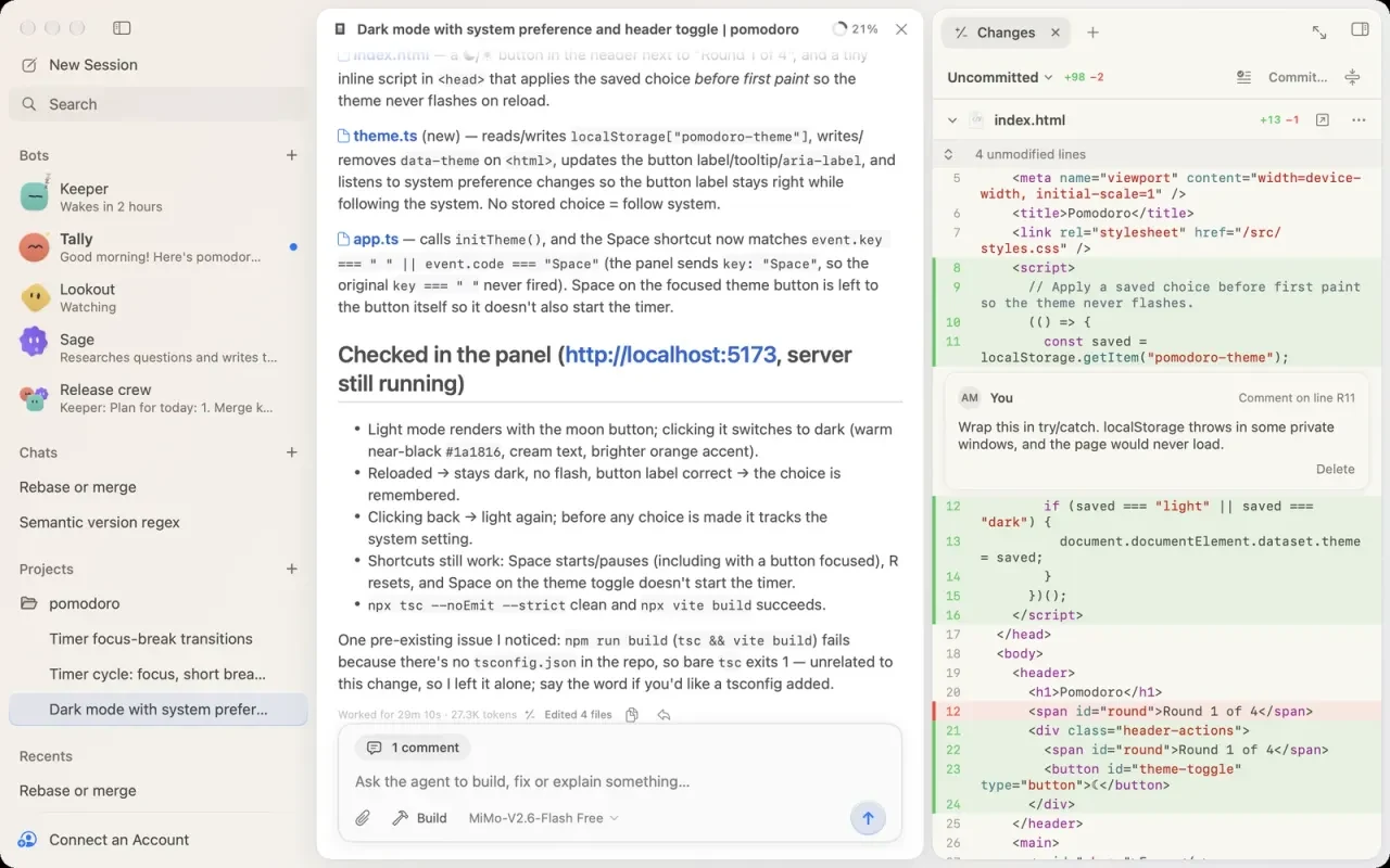 Kuvo Code's author-published Mac interface shows bots and project sessions beside a coding conversation and a Changes panel with a review comment.