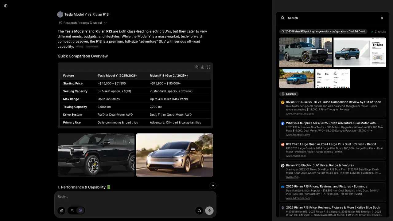 Morphic's author-published interface showing a cited vehicle-comparison answer and a search-results side panel.