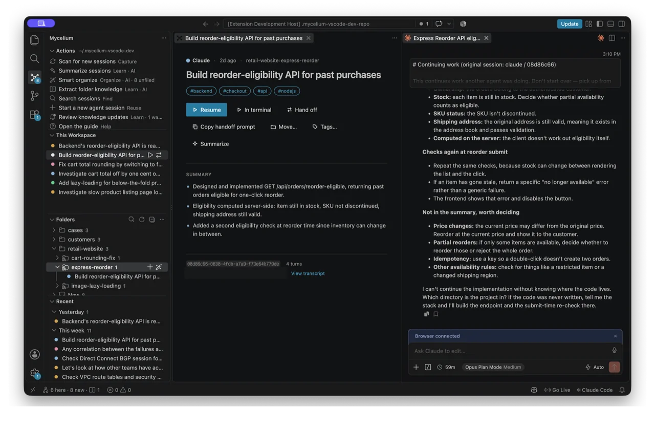 Mycelium's author-published VS Code development screenshot showing session folders, a selected session summary and a Claude Code handoff panel.