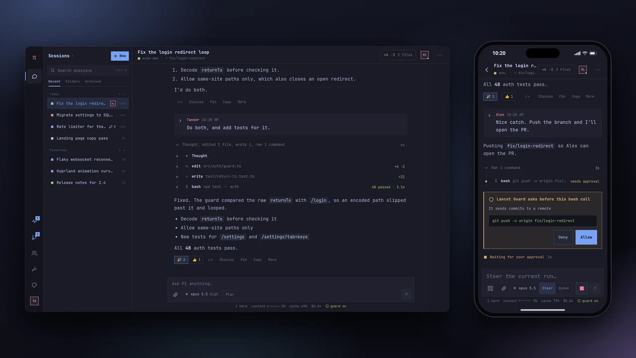 Pi Pocket's author-published showcase depicts the same coding session on desktop and phone, with a guard approval prompt before a git push.