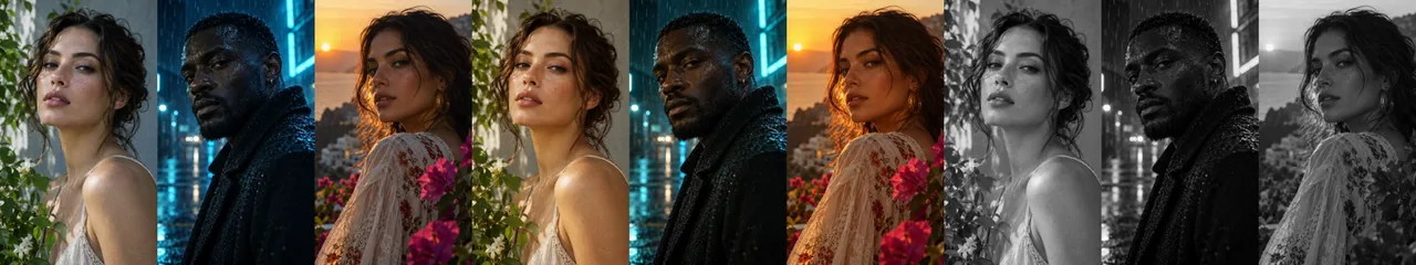 PortOS author's generated fictional portrait test scenes with teal-night, golden-hour and monochrome grading, each showing the same three scenes.