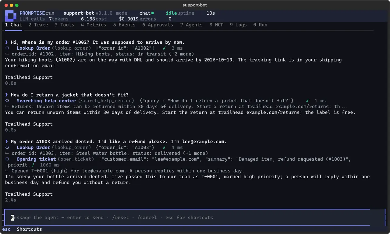 Promptise's author-published terminal UI illustration shows a support bot conversation, example tool calls and token and cost counters.