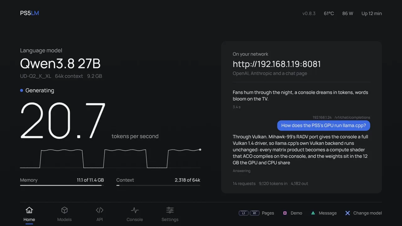PS5LM's author-published TV interface showing Qwen 3.8 27B, a local network endpoint and streaming requests.