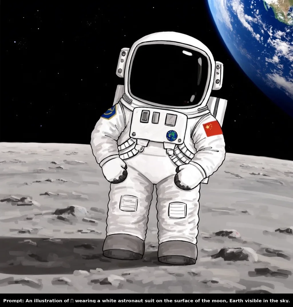 Author-generated intermediate MOSS-Image SFT LoRA validation showing a white astronaut suit on the moon with Earth behind it and the original prompt strip below.