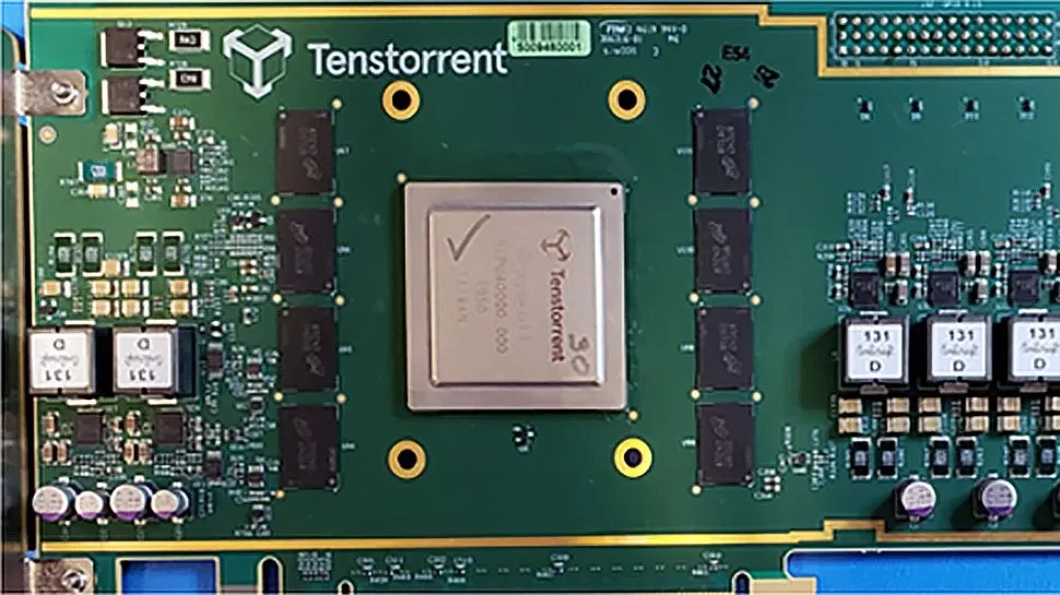 Tenstorrent-branded green circuit board with a central chip and surrounding components.